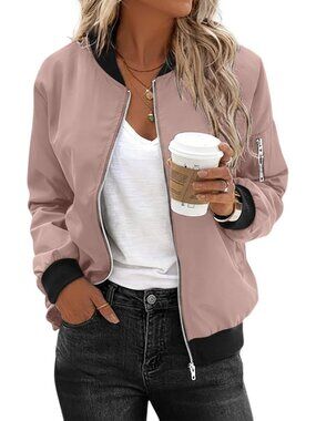 Women's Pink Polyester Zip Up Sweatshirt Long Sleeve Casual Bomber Jacket